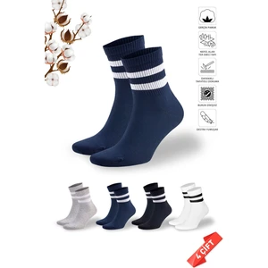 Çizgili Renkli Unisex Tenis Çorabı  Dikişsiz 4'lü (Siyah, Beyaz, Gri Melanj,  Lacivert