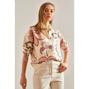 Kadın Baskılı Düğmeli Triko Hırka