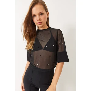 Kadın Taş Baskılı Kısa Kollu Bisiklet Yaka Transparan Bluz