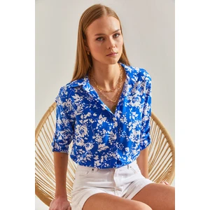 Kadın Kol Katlamalı Desenli Viskon Gömlek