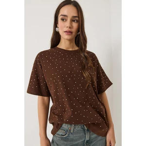 Kadın Pul Detaylı Bisiklet Yaka Kısa Kollu T-Shirt