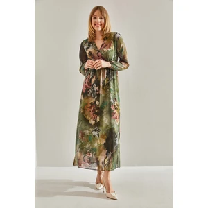 Kadın Astarlı Beli Lastikli V Yaka Kruvaze Kuşaklı Şifon Elbise