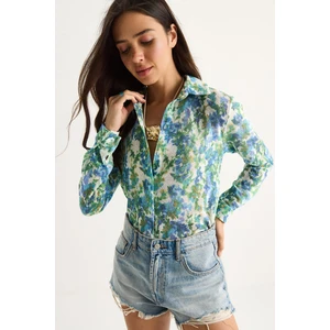 Kadın Desenli Dijital Baskılı Regular Yazlık Örme Gömlek