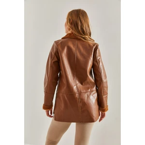 Kadın Içi Kürklü Küçük Cep Detaylı Deri Mont