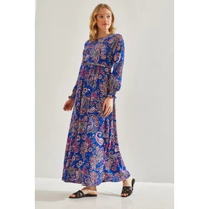 Kadın Desenli Kuşaklı Börümcük Kumaş Elbise