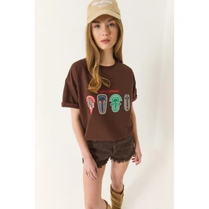 Kadın Baskılı Oversize Kısa Kollu Basic T-Shirt