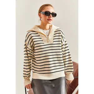 Kadın Çizgili Fermuarlı Triko Kazak