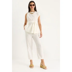 Kadın Omuz Düğüm Detaylı Kuşaklı Keten Alt-Üst Takım