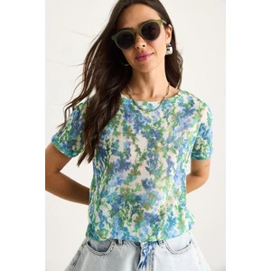 Kadın Bisiklet Yaka Desenli Dijital Baskılı Regular Yazlık Örme T-Shirt