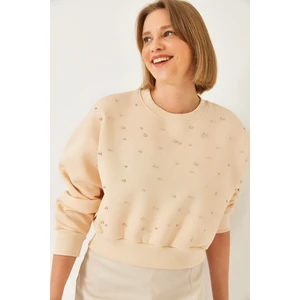 Kadın Bisiklet Yaka Önü Inci Çakmalı Üç Iplik Şardonlu Sweatshırt