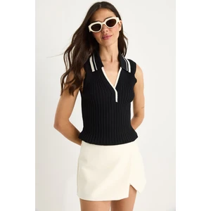 Kadın Polo Yaka Fitilli Kalın Askılı Yazlık Triko Bluz