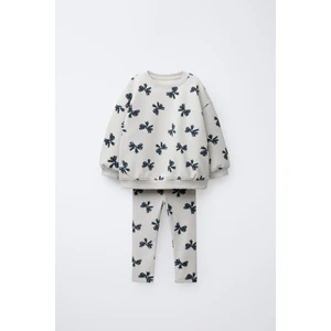 Kız Çocuk Pamuklu Krem Fiyonk Desenli Sweatshirt ve Tayt Takım