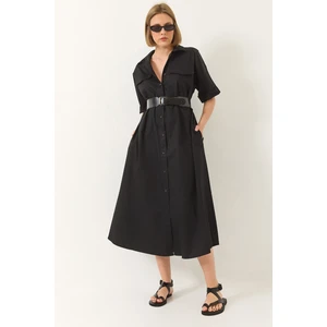 Kadın Düğme Kapamalı Cep Detaylı Kemerli Poplin Gömlek Elbise