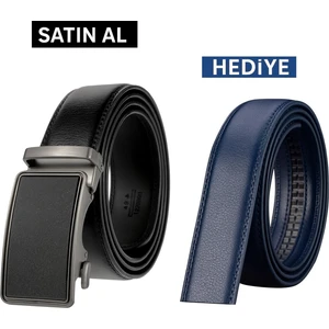Otomatik Tokalı Deliksiz Siyah Kemer + Yedek Lacivert Kemer Hediye