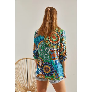 Kadın Multi Desenli Kol Katlamalı Slim Gömlek