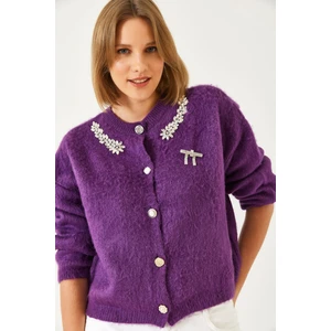 Kadın Yakası Taşlı Şardonlu Triko Hırka