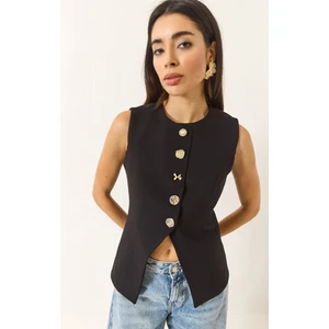 Kadın Regular Bisilet Yaka Gold Düğme Detaylı Astarlı Dokuma Yelek