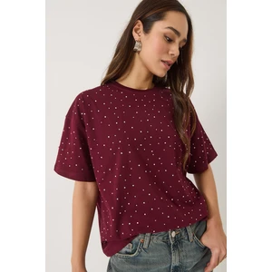 Kadın Pul Detaylı Bisiklet Yaka Kısa Kollu T-Shirt