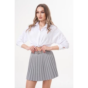 Kemerli Pileli Mini Gri Etek - KED1001