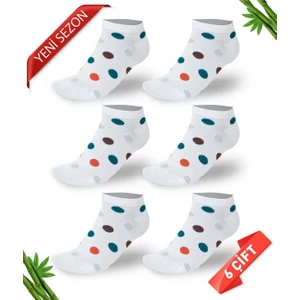 Sim Detaylı Puantiyeli Kadın Bambu Patik  Çorap 6lı Set