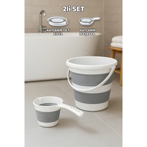 Akordiyon Yer Kaplamaz 2'li Banyo Seti - 13 Lt Katlanabilen Kova - Katlanır Maşrapa