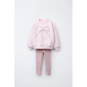Kız Çocuk Pamuklu Pembe Fiyonk Desenli Sweatshirt ve Çiçek Desenli Tayt Takım