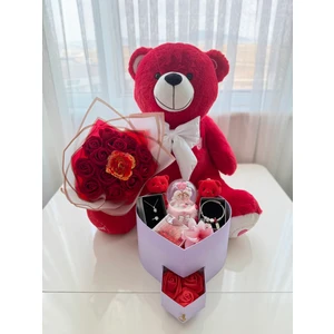 Ayı Evreni Kırmızı Aşk Evreni - Sevgiliye Romantik Hediye Kutusu | Kar Küresi + Takı + Ayıcık + Gül