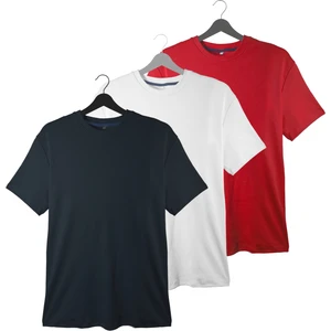 Erkek 3'lü Basic Tişört Seti - Pamuklu Bisiklet Yaka Tişört|  Gece Mavisi, Beyaz ve Kırmızı| Günlük ve Spor Giyim | %100 Pamuk T-Shirt Seti