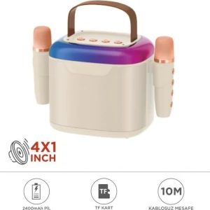 D51 Beyaz Çift Mikrofonlu Kablosuz Parti Hoparlörü