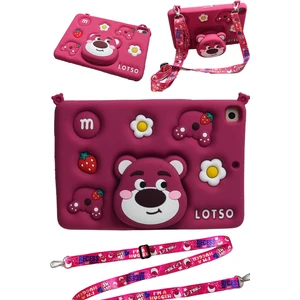 Apple Ipad 8. ve 9. Nesil 10.2 Inç Uyumlu Kılıf Lotso Ayıcık Çocuk Askılı Standlı Eğlenceli Koruyucu