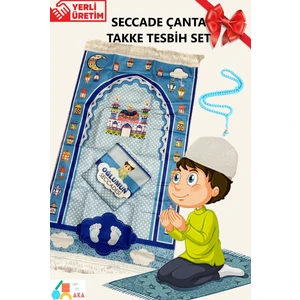 Simply Line Çocuk Takke Tesbih Seccade Çanta Set Oğlumun Seccadesi Namazlık Ilk Namaza Alıştırma 45X90 cm