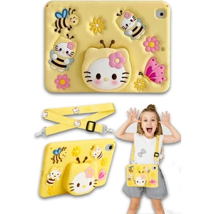 Samsung Galaxy Tab A9 8.7 (2023) SM-X110 Uyumlu Hello Kitty Sarı Çocuk Kılıfı Askılı Standlı Eğlenceli