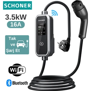 3.5kw Taşınabilir Elektrikli Araç Şarj Istasyonu -Tak ve Şarj Et- Wi-Fi / Bluetooth Smart 5 Metre Tip2 Kablolu