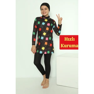 Secret Moda Kapalı Kız Çocuk Desenli Taytlı Hızlı Kuruma Özellikli Çocuk  Tesettür Mayo 13 14 Yaş
