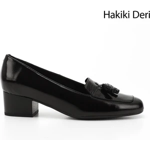 Kadın Siyah Rugan Küt Burun Kısa Kalın Topuklu Hakiki Deri Ayakkabı