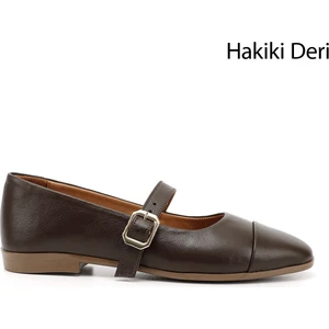 Kadın Kahve Baskılı Mary Jane Hakiki Deri Babet