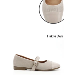 Kadın Bej Baskılı Mary Jane Hakiki Deri Babet