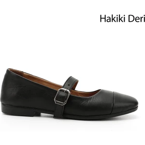 Kadın Kömür Baskılı Mary Jane Hakiki Deri Babet