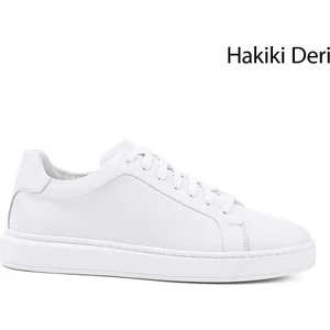 Erkek Beyaz Bağcıklı Kauçuk Taban Hakiki Deri Sneaker