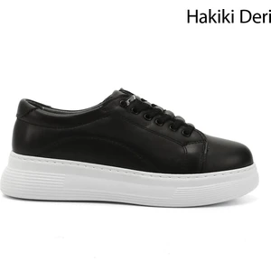 Kadın Siyah Lastik Bağcıklı Comfort Dolgu Taban Hakiki Deri Sneaker