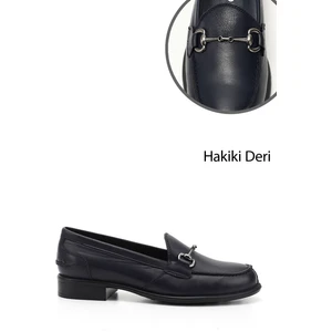 Kadın Antik Lacivert Tokalı Hakiki Deri Loafer Ayakkabı