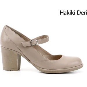 Kadın Bej Kalın Topuklu Mary Jane Hakiki Deri Ayakkabı