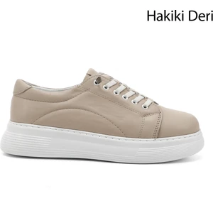 Kadın Bej Lastik Bağcıklı Comfort Dolgu Taban Hakiki Deri Sneaker