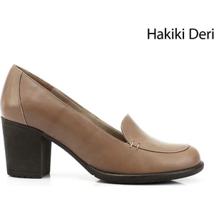 Kadın Açık Vizon Orta Kalın Topuklu Hakiki Deri Ayakkabı