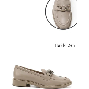 Kadın Bej Tokalı Hakiki Deri Loafer Ayakkabı