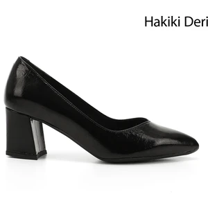 Kadın Siyah Rugan Sivri Burun Orta Kalın Topuklu Hakiki Deri Ayakkabı