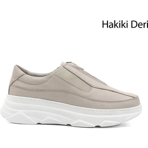Kadın Antik Bej Fermuarlı Dolgu Taban Hakiki Deri Sneaker