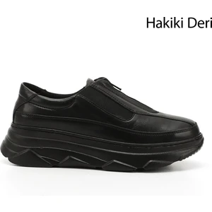 Kadın Siyah Fermuarlı Dolgu Taban Hakiki Deri Sneaker