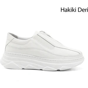 Kadın Beyaz Fermuarlı Dolgu Taban Hakiki Deri Sneaker