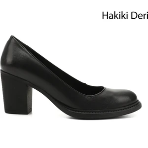 Kadın Siyah Orta Kalın Topuklu Hakiki Deri Ayakkabı